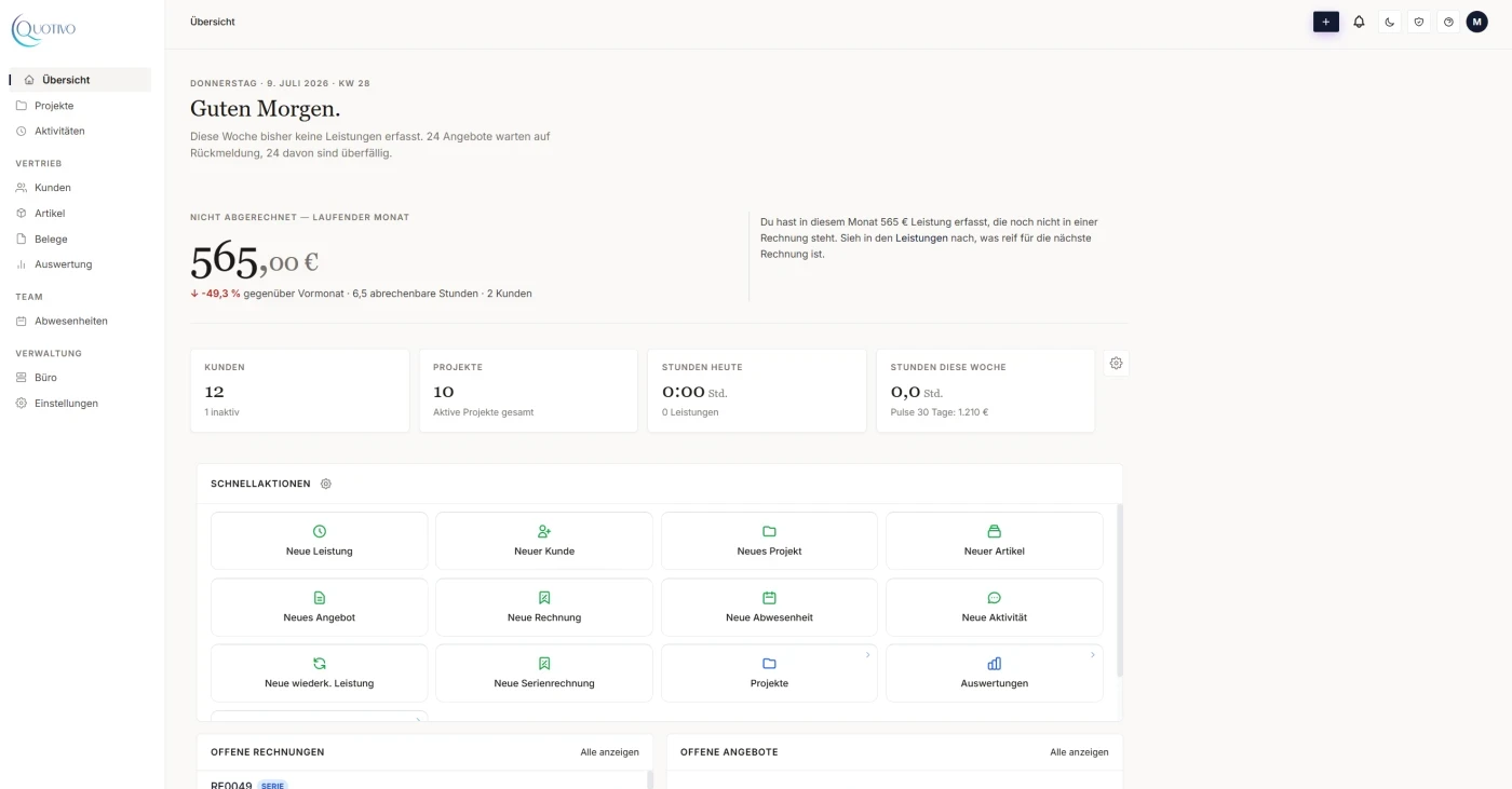 Modern: Quotivo Dashboard mit Statistiken, Schnellaktionen und Arbeitsintensität
