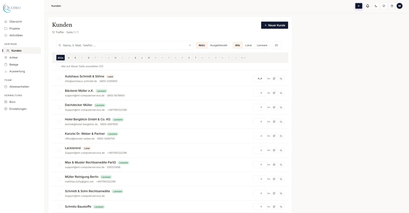 Modern: Quotivo Kundenverwaltung mit Lexware Office Synchronisation