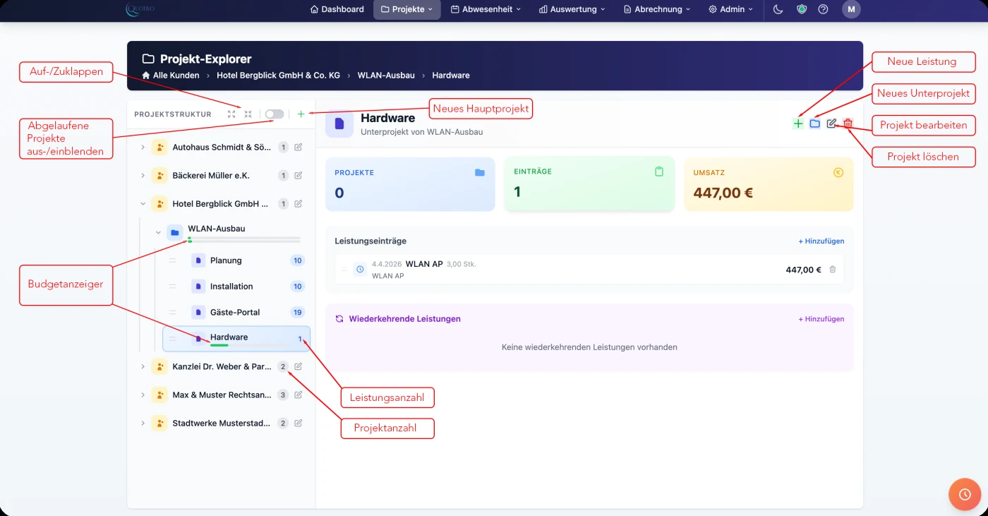 Quotivo Projekt-Explorer mit Baumstruktur und Drag & Drop
