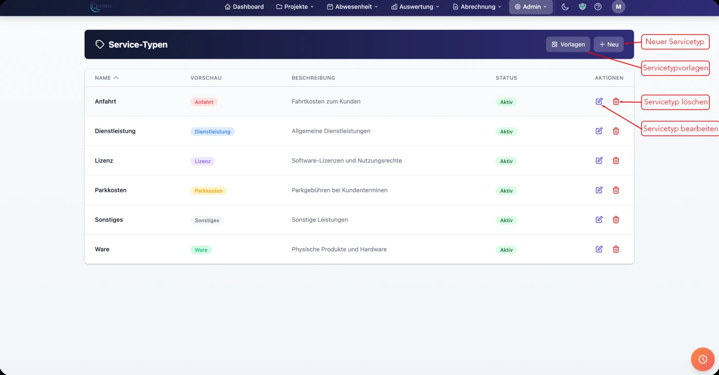 Quotivo Service-Typen mit individuellen Farbeinstellungen