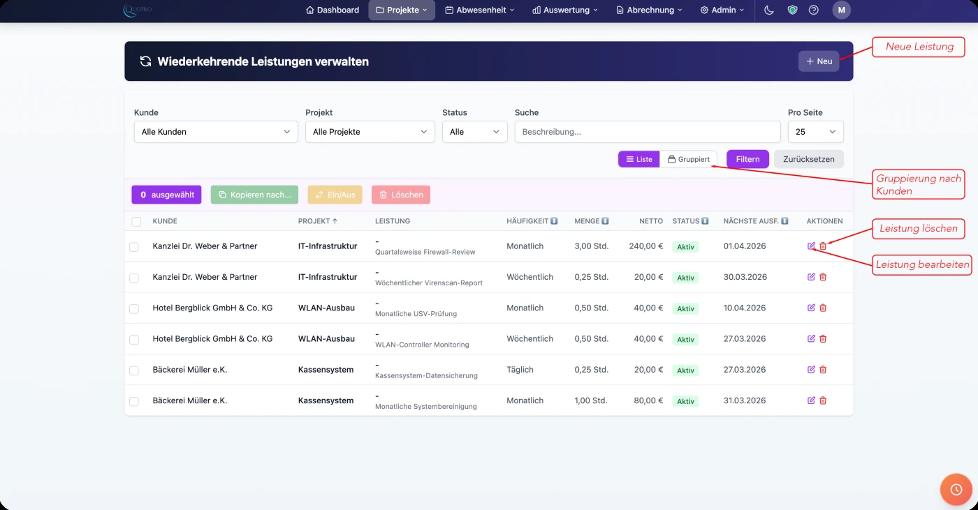 Quotivo wiederkehrende Leistungen für automatische Buchungen